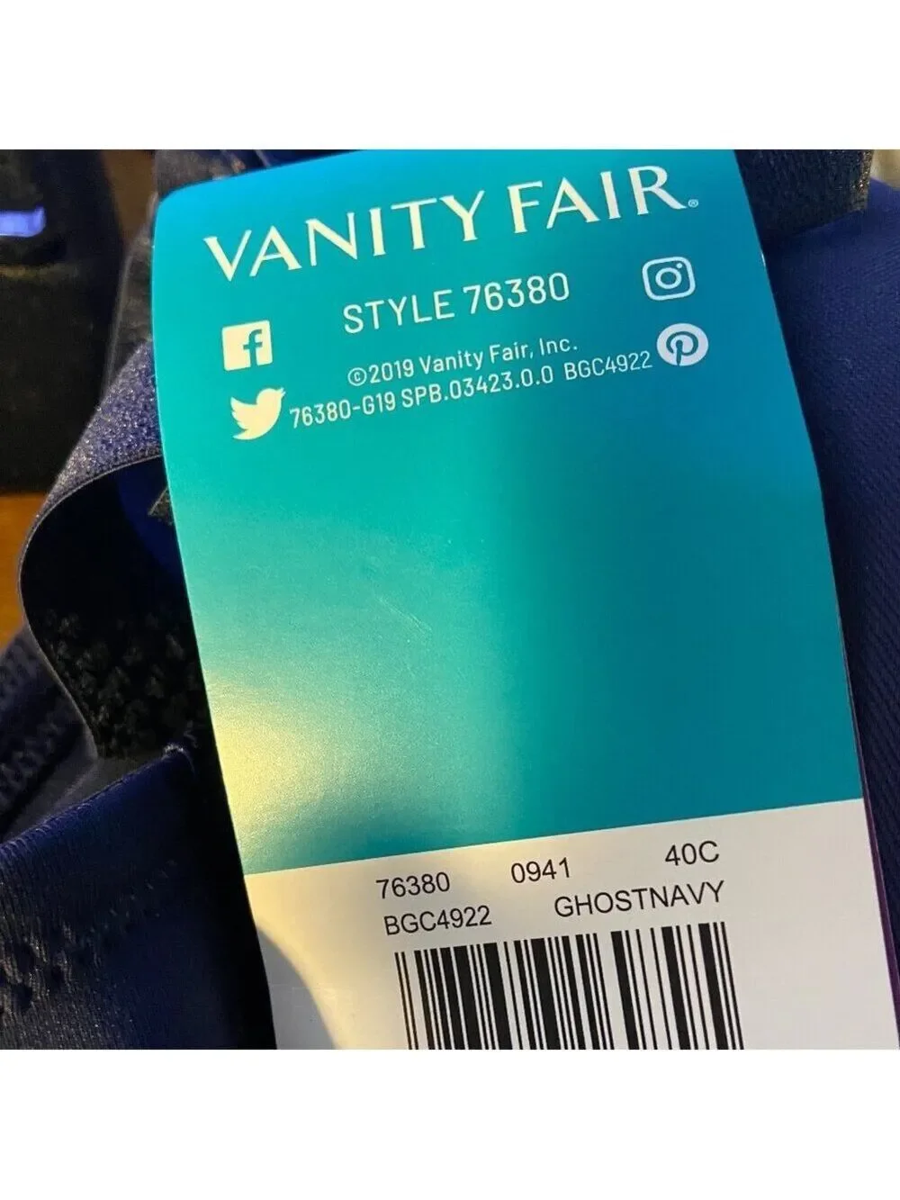 🩷🩷Vanity Fair Beauty Back Full Figure Underwire Navy Bra 76380 40C NWT
